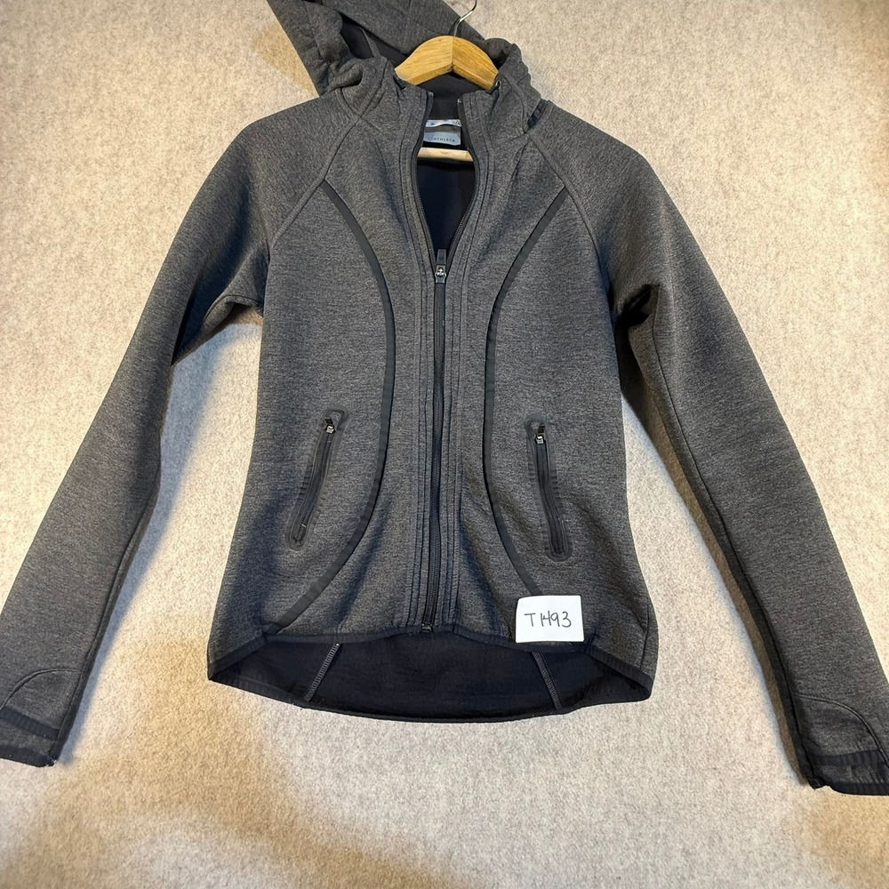 Athleta Womens XXS Gray Full Zip Hooded Jacket Taped Seams High Low Hem T1493